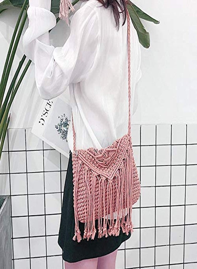 Lobagve Women Crochet Beach Bag Fringed Bohemian Crossbody Shoulder Purse Cotton Flap Envelope Purse Pink - Image 2