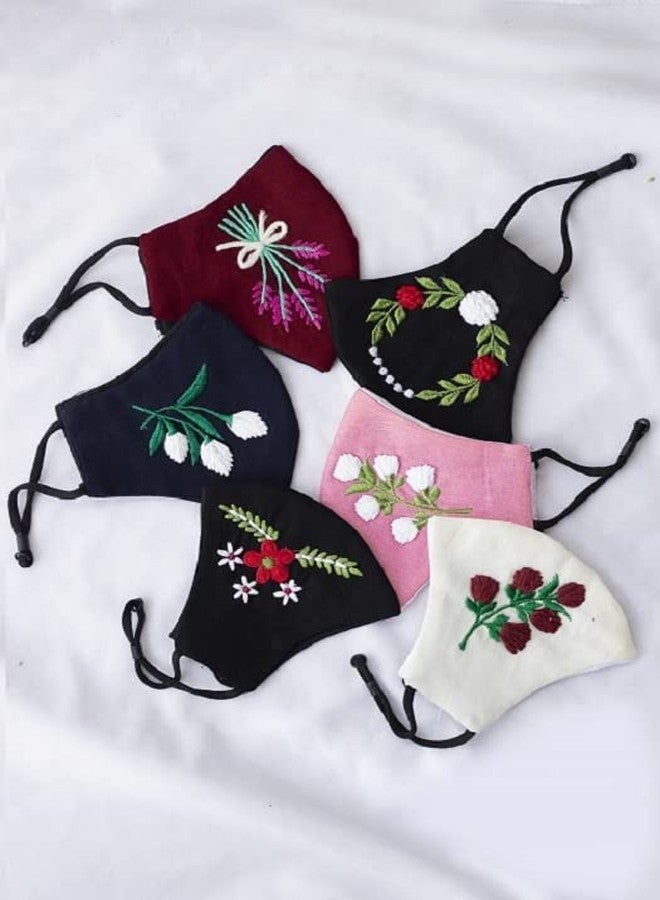 CROWN WORLD Women's Pure Cotton Cloth Face Masks with Adjustable Ear Loop | Embroidery | Handwork Cotton Cloth Face Masks | Pack of 6(Multicolor) - Image 2