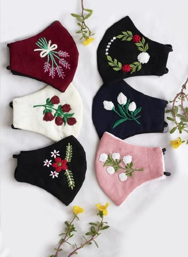 CROWN WORLD Women's Pure Cotton Cloth Face Masks with Adjustable Ear Loop | Embroidery | Handwork Cotton Cloth Face Masks | Pack of 6(Multicolor) - Image 3