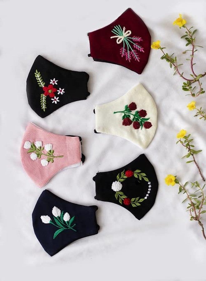 CROWN WORLD Women's Pure Cotton Cloth Face Masks with Adjustable Ear Loop | Embroidery | Handwork Cotton Cloth Face Masks | Pack of 6(Multicolor) - Image 4