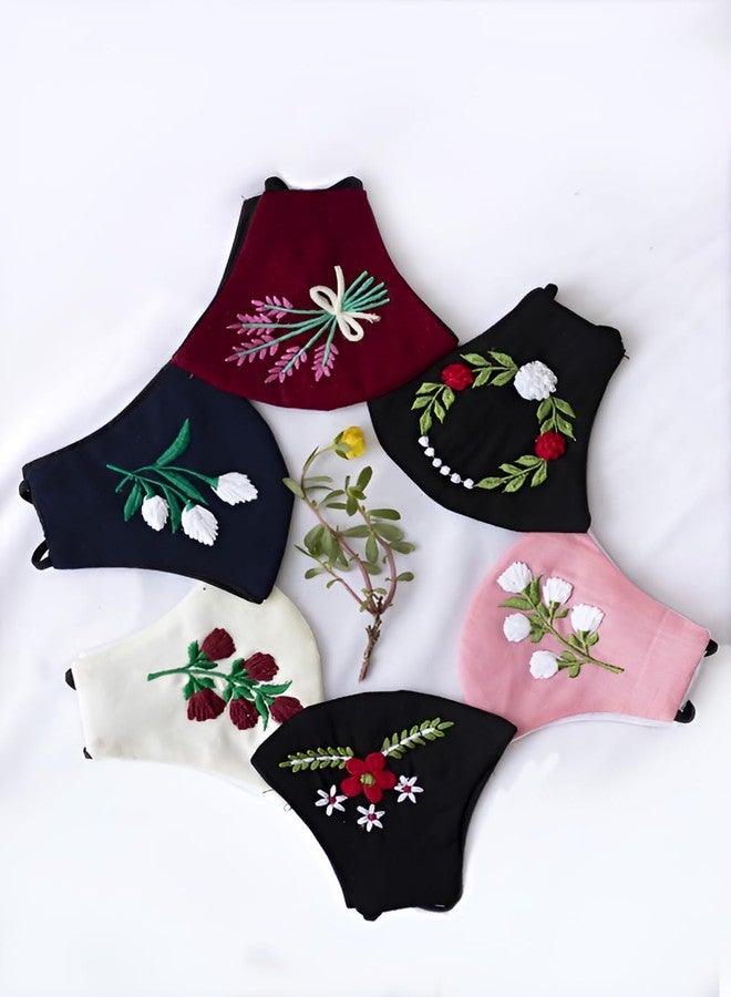 CROWN WORLD Women's Pure Cotton Cloth Face Masks with Adjustable Ear Loop | Embroidery | Handwork Cotton Cloth Face Masks | Pack of 6(Multicolor) - Image 1