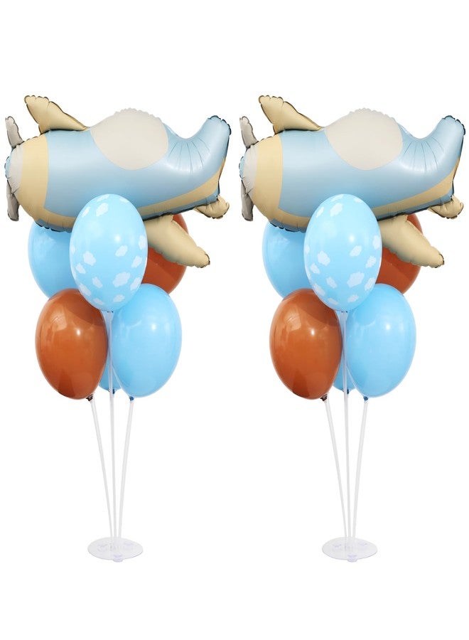 KIRIN Airplane Table Centerpiece Balloon Stand Kit 2 Sets with Airplane Foil Balloons, Cloud Patterned Latex Balloons Stand for Table for Adventure Time Flies Birthday Party Baby Shower Decorations - Image 1
