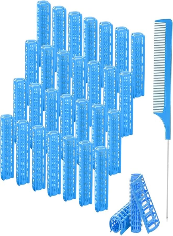 ZMD 28PCS Plastic Hair Curlers Rollers Set, 0.6In/1.5cm Small Size Snap on Rollers Self Grip Hair Curlers Heatless Rollers with Comb Hairdressing Curlers Tools for Short Thin Fine Hair (Blue)