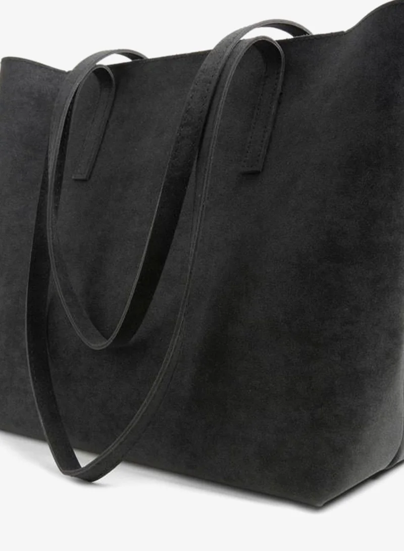 Women's Açelya Black Nubuck Large Size Zipper Closure Hand and Shoulder Bag.