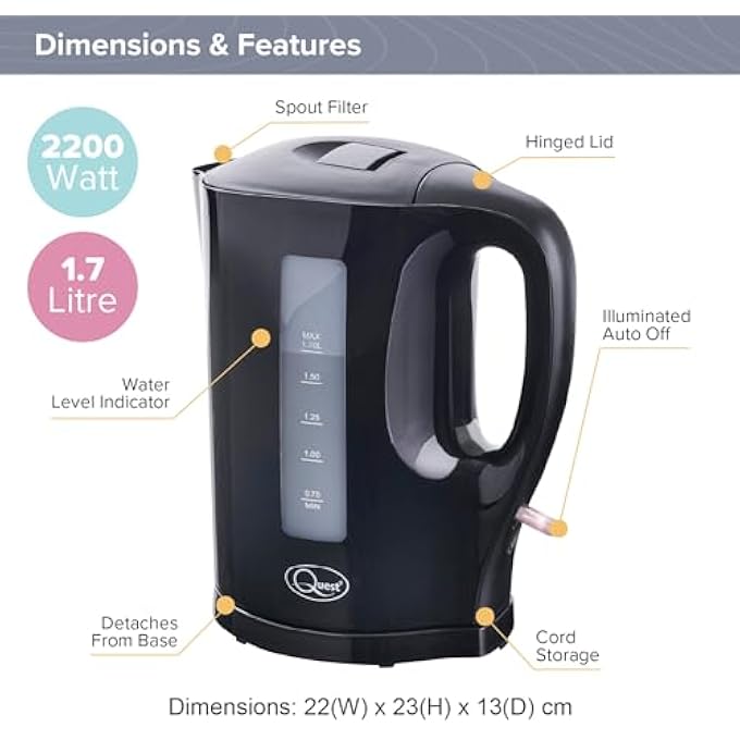 Quest 35109 17 Litre Electric KettleBlackCord StorageWater Level IndicatorBpa FreeAutomatic CutOffStudent Essentials For University - Image 3