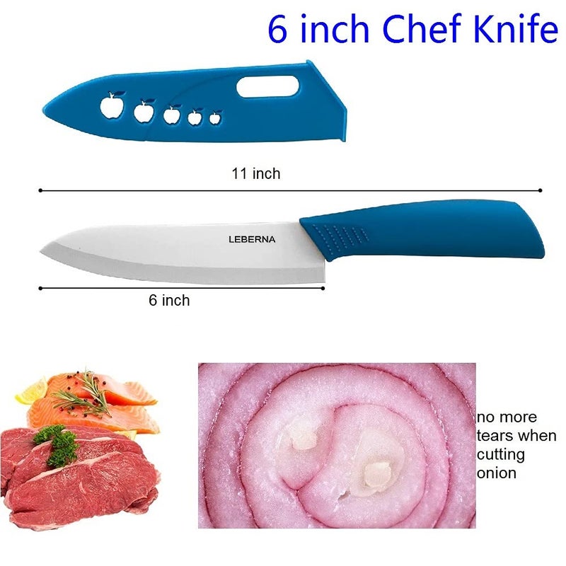Leberna Ceramic Knife Set Ceramic Knives Set for Kitchen Ceramic Kitchen Knives Colored w Sheath 6" Bread Knife 6" Chef Knife 5" Utility Knife 4" Fruit Knife 3" Paring Knife 1 Peeler Colorful Rust Free Proof - Image 4
