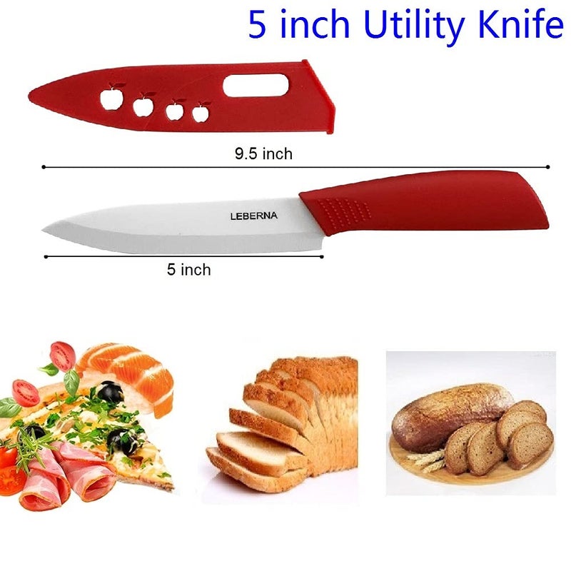 Leberna Ceramic Knife Set Ceramic Knives Set for Kitchen Ceramic Kitchen Knives Colored w Sheath 6" Bread Knife 6" Chef Knife 5" Utility Knife 4" Fruit Knife 3" Paring Knife 1 Peeler Colorful Rust Free Proof - Image 5