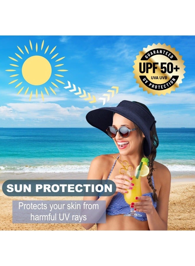 NIBEMINENT Sun Hats for Women Wide Brim Beach Hat Straw Visor Ponytail Summer UV Packable Foldable Beach Vacation Essentials  - Image 3
