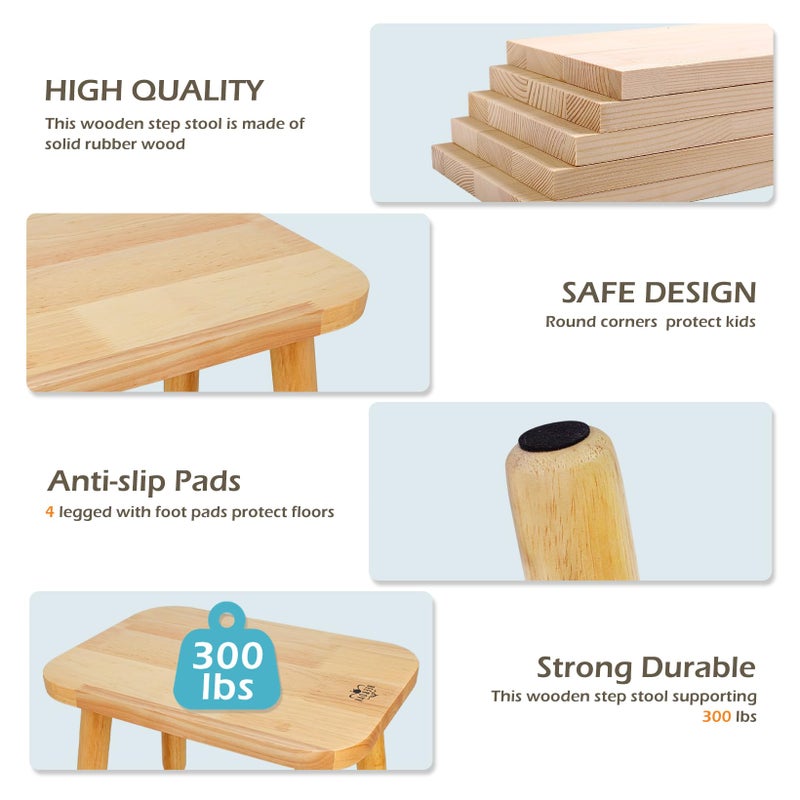 BEE&OAK 13.4 Inch Heavy Duty Wooden Step Stools for Adults - Non Slip, 300 LBS Capacity, Easy Assembly - Ideal Step Stool for High Beds, Kitchen, Bathroom, Office, Garden (Natural) - Image 3