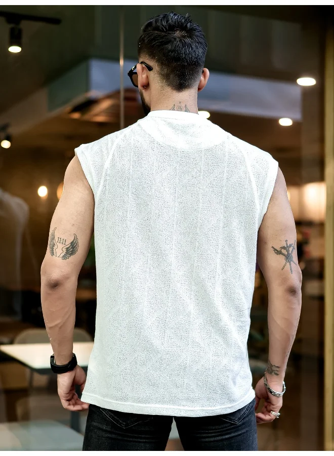 Maniac Maniac Men Solid Textured Round Neck Sleeveless Half White PolyCotton T-Shirt