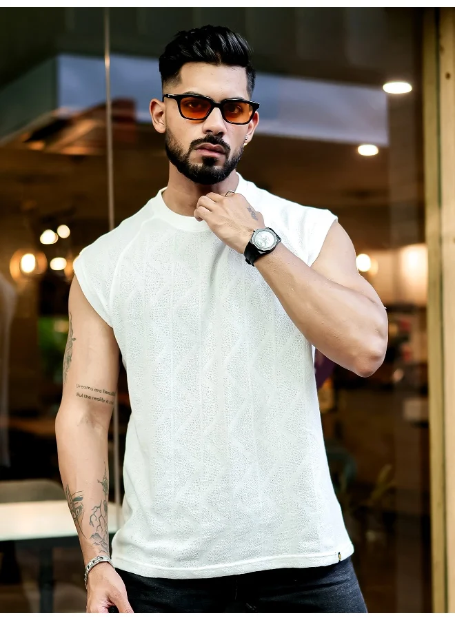 Maniac Maniac Men Solid Textured Round Neck Sleeveless Half White PolyCotton T-Shirt