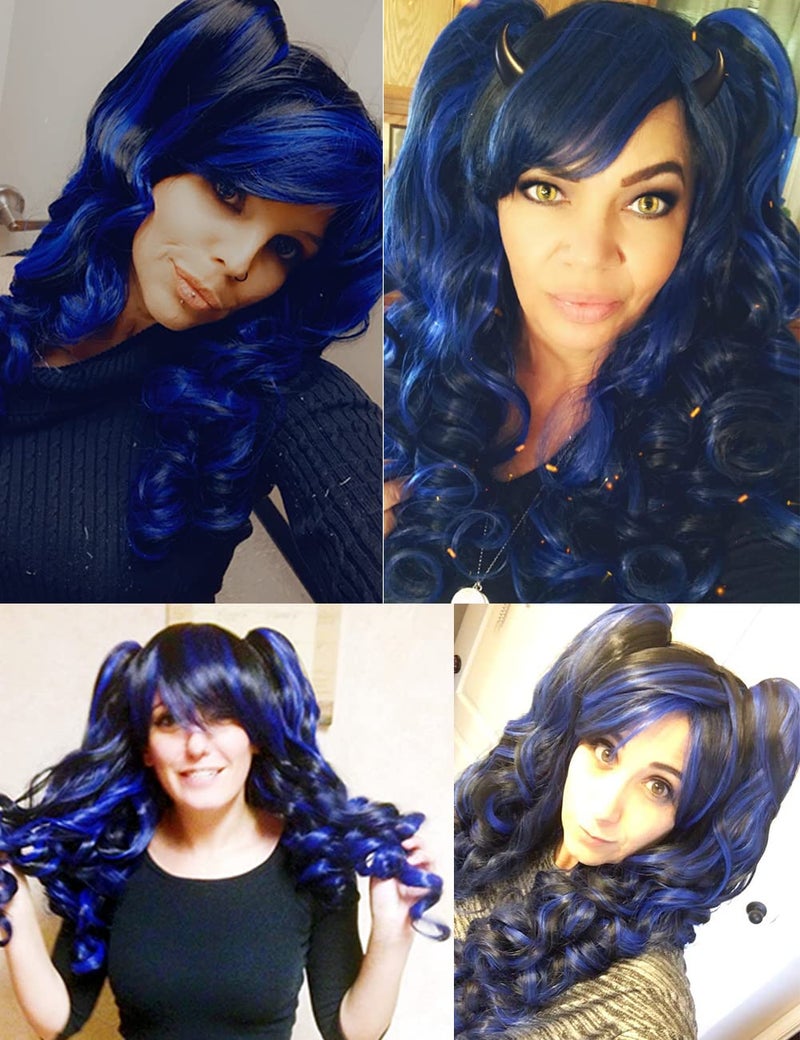 ColorGround Long Curly Multi-Color Cosplay Wig with 2 Ponytails(Black with Blue) - Image 2