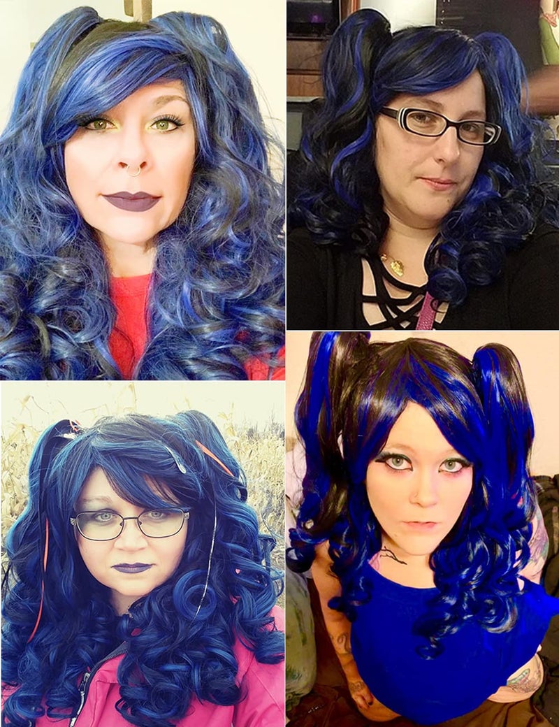 ColorGround Long Curly Multi-Color Cosplay Wig with 2 Ponytails(Black with Blue) - Image 3