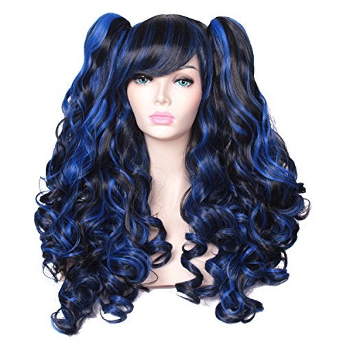 ColorGround Long Curly Multi-Color Cosplay Wig with 2 Ponytails(Black with Blue) - Image 1