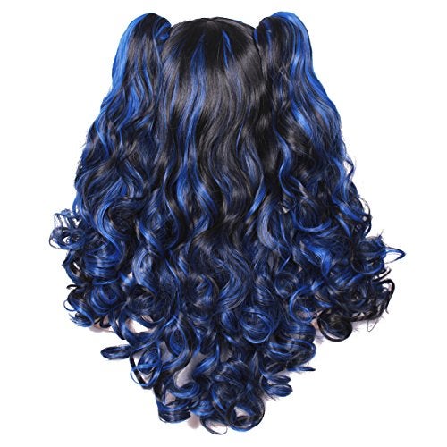 ColorGround Long Curly Multi-Color Cosplay Wig with 2 Ponytails(Black with Blue) - Image 4