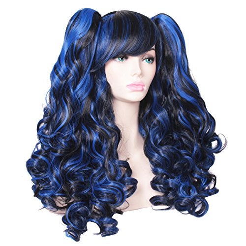 ColorGround Long Curly Multi-Color Cosplay Wig with 2 Ponytails(Black with Blue) - Image 5