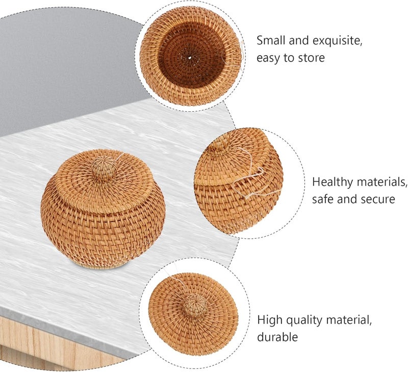 comfrt Round Handmade Woven Basket with Lid Rattan Storage Basket Vintage Natural Container Bin Desktop Sundries Storage Box for Bathroom Kitchen Organizer Brown - Image 3