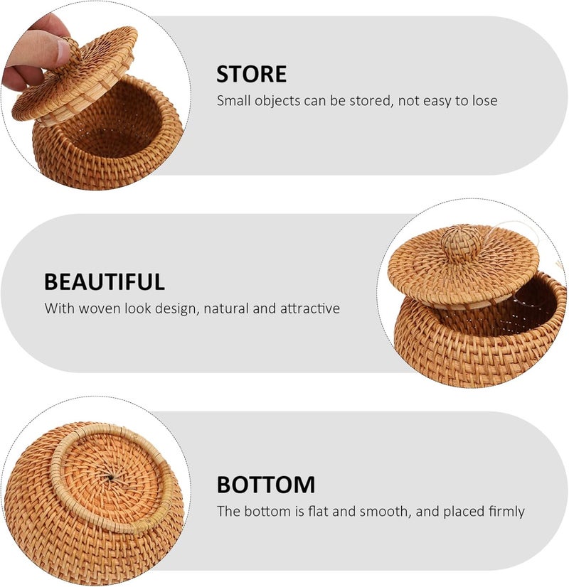 comfrt Round Handmade Woven Basket with Lid Rattan Storage Basket Vintage Natural Container Bin Desktop Sundries Storage Box for Bathroom Kitchen Organizer Brown - Image 4