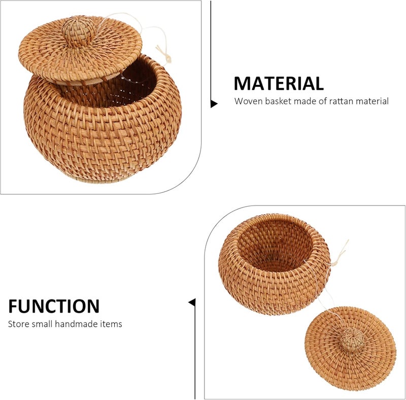comfrt Round Handmade Woven Basket with Lid Rattan Storage Basket Vintage Natural Container Bin Desktop Sundries Storage Box for Bathroom Kitchen Organizer Brown - Image 2