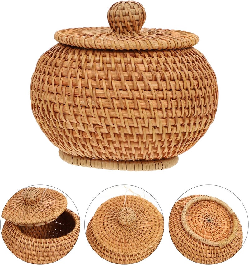 comfrt Round Handmade Woven Basket with Lid Rattan Storage Basket Vintage Natural Container Bin Desktop Sundries Storage Box for Bathroom Kitchen Organizer Brown - Image 5