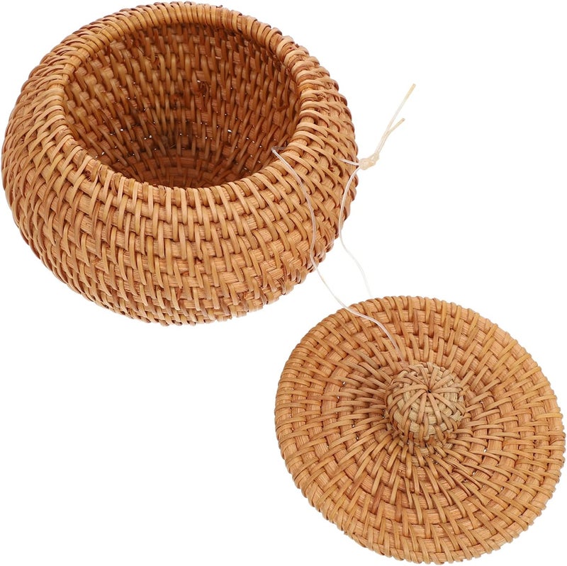 comfrt Round Handmade Woven Basket with Lid Rattan Storage Basket Vintage Natural Container Bin Desktop Sundries Storage Box for Bathroom Kitchen Organizer Brown - Image 1