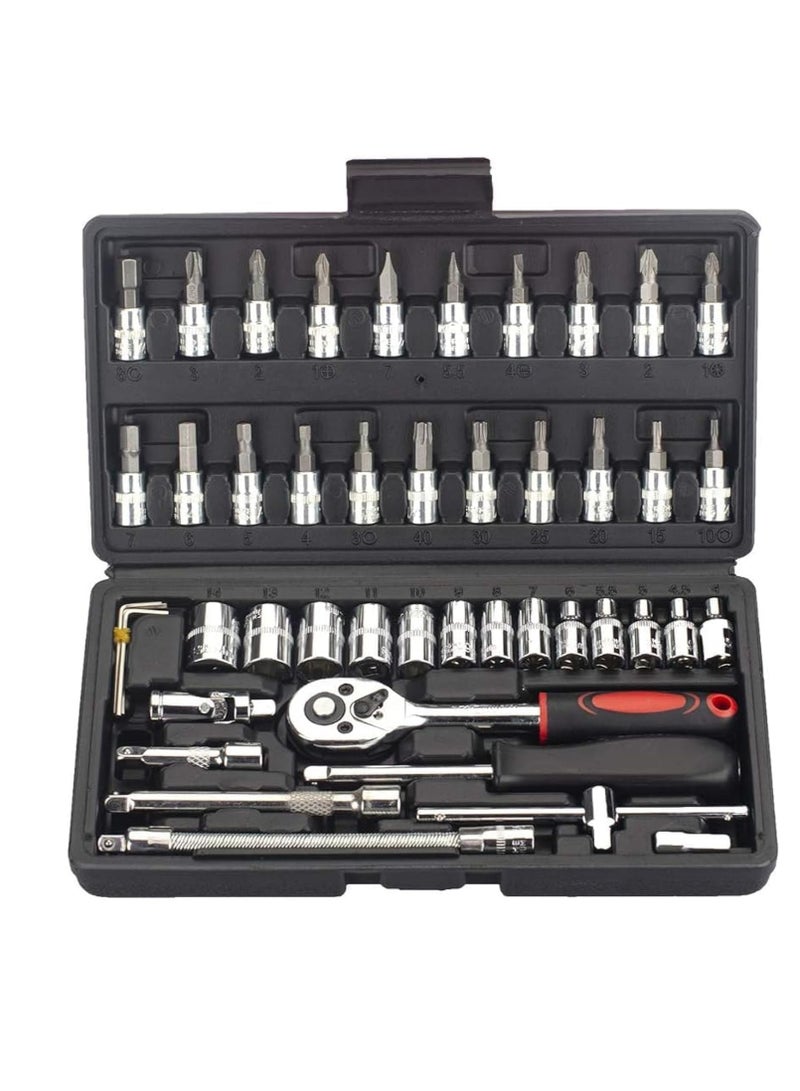ميكسد 46 قطعة طقم مقابس، طقم مفك براغي 1/4 بوصة مع مجموعة أدوات مفك البراغي مع مجموعة أدوات مفك البراغي ذات السقاطة العكسية لإصلاح السيارات والمنزل مع حقيبة تخزين - Image 1