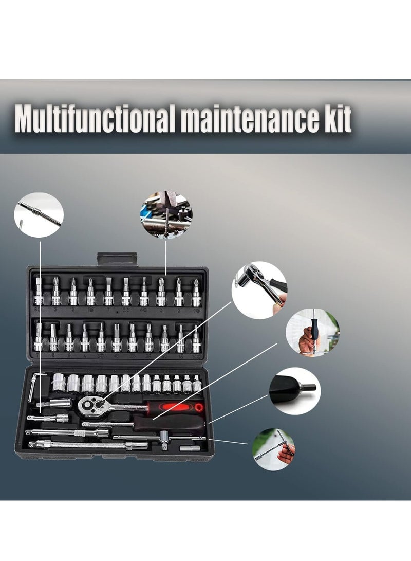 ميكسد 46 قطعة طقم مقابس، طقم مفك براغي 1/4 بوصة مع مجموعة أدوات مفك البراغي مع مجموعة أدوات مفك البراغي ذات السقاطة العكسية لإصلاح السيارات والمنزل مع حقيبة تخزين - Image 4