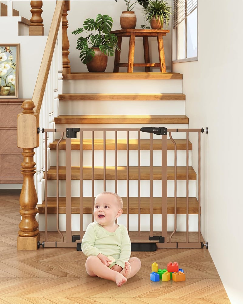 Cideny 29"-40" Baby Gate for Stairs, Auto Close Stroller Friendly Dog Gate Indoor for Doorways, Pressure Mounted Baby Gate, Easy Walk Through Gate for Children & Pets, Brown - Image 1