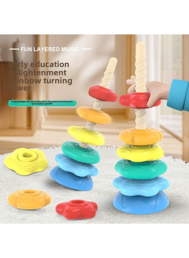 Rainbow Rotating Tower Stacking Music 6 Months Old Baby Turning Music 1-2 Years Old Baby Toys Educational Early Education Educational Toys-Color:Four-story Rainbow Tower [mail Order Box]  - Image 3