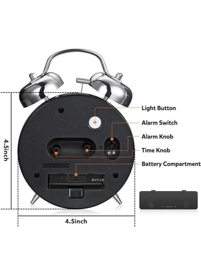 Bukela Loud Alarm Clock for Heavy Sleepers Adults,Retro 4 Inch Silent Non-Ticking Quartz with Backlight,Twin Bell Analog Kids Alarm Clocks for Bedrooms Bedside (Black) - Image 1