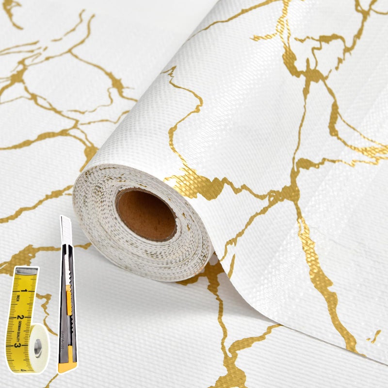 Drawer and Shelf Liner for Kitchen Cabinet Non Slip Waterproof Shelf Paper 12 in X 20 Ft Non Adhesive Refrigerator Liners Gold White Marble Easy Liners for Bathroom Cupboard