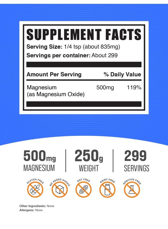 BulkSupplements.com Magnesium Oxide Powder - Magnesium Oxide Supplement, Magnesium Oxide 500mg - Gluten Free, 835mg (500mg of Magnesium) per Serving, 250g (8.8 oz) (Pack of 1) - Image 2