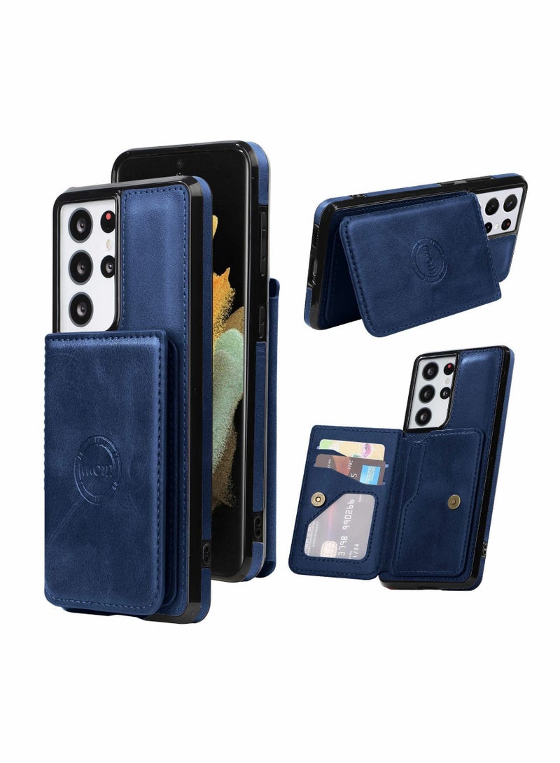 Y&D Wallet Case for Samsung Galaxy S21 Ultra 6.8 Inch with Magnetic Card Holder + Premium Leather Slot Car Mount Shockproof Kickstand Cover Durable Button Full Body Protection Shell-Blue  - Image 1