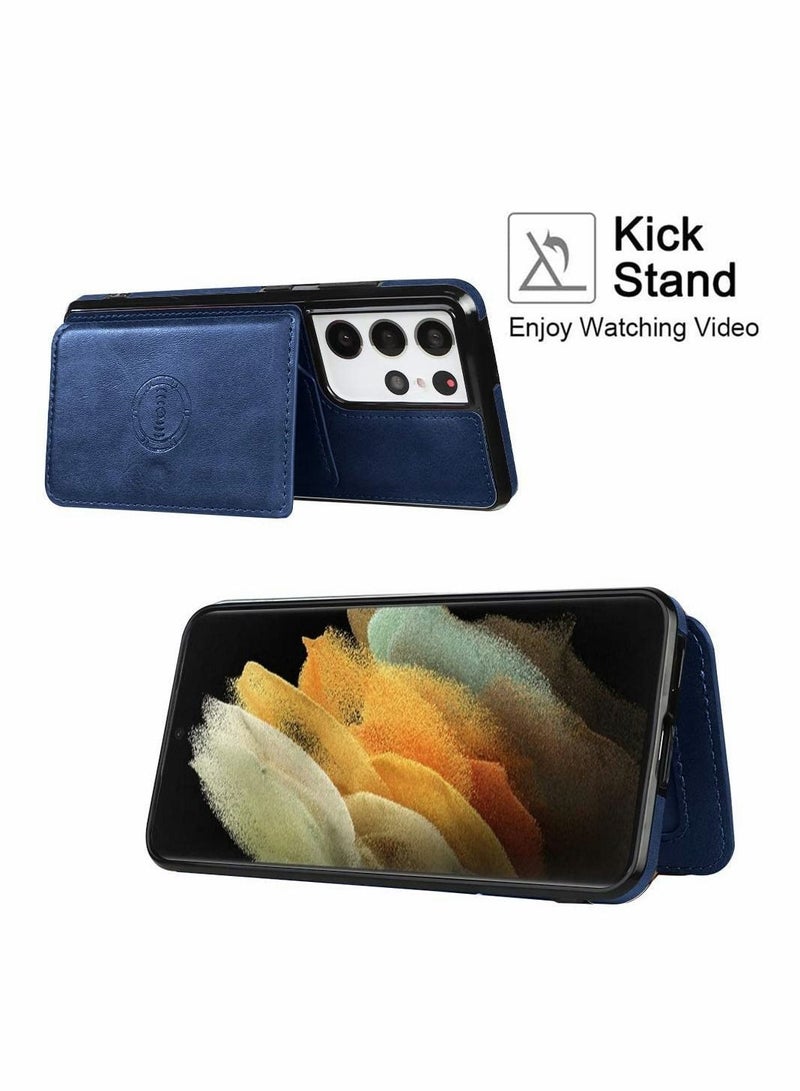 Y&D Wallet Case for Samsung Galaxy S21 Ultra 6.8 Inch with Magnetic Card Holder + Premium Leather Slot Car Mount Shockproof Kickstand Cover Durable Button Full Body Protection Shell-Blue  - Image 3