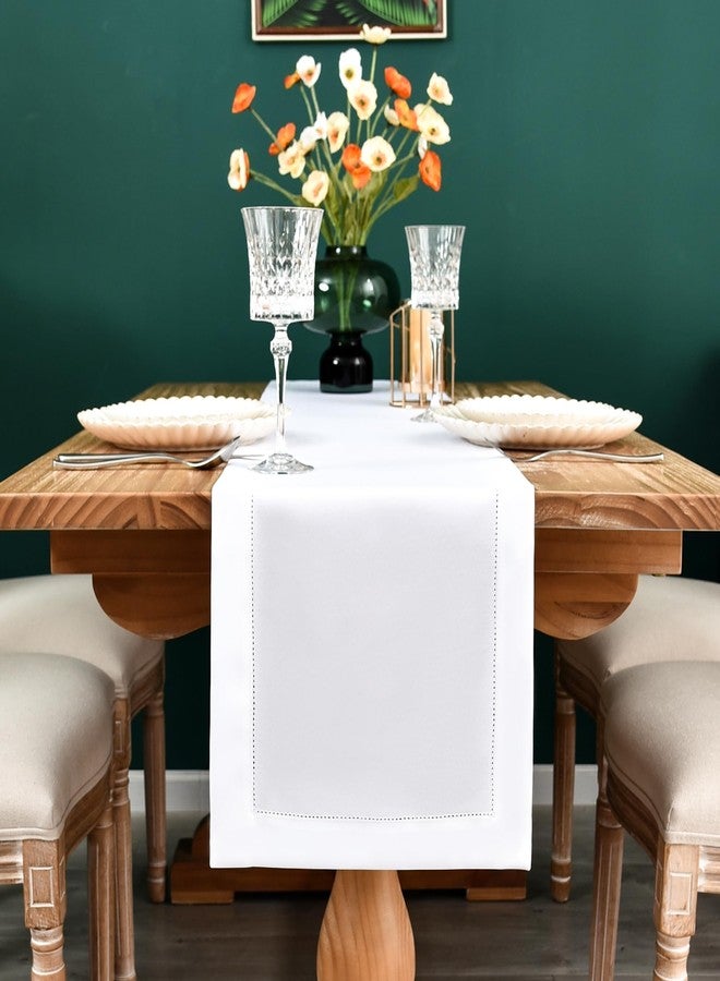 NEWISHER Farmhouse Hemstitch Border Table Runner Faux Linen Rustic Table Runners Solid White Rectangle Table Decoration for Dining Coffee Table Home Kitchen Party 13x60 Inch - Image 3