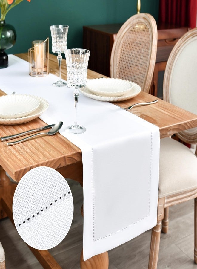 NEWISHER Farmhouse Hemstitch Border Table Runner Faux Linen Rustic Table Runners Solid White Rectangle Table Decoration for Dining Coffee Table Home Kitchen Party 13x60 Inch - Image 1