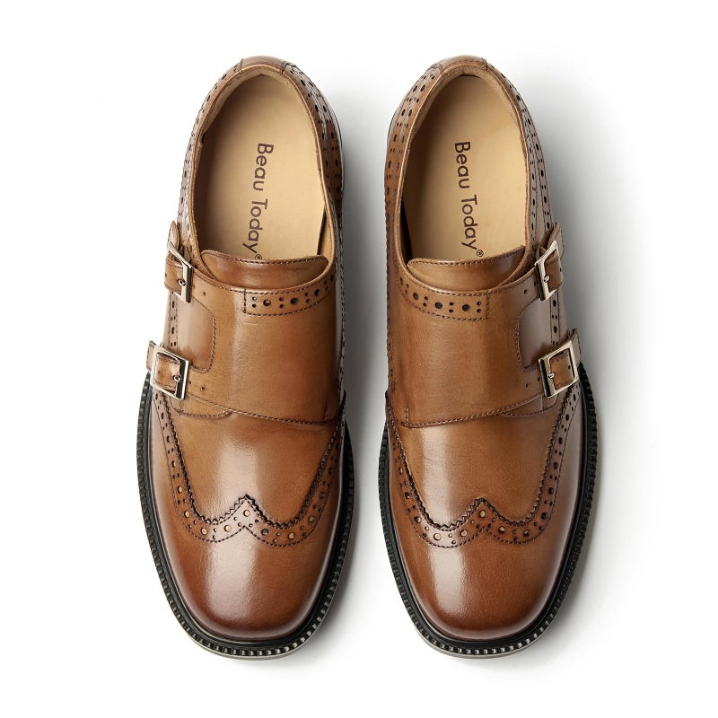 BEAU TODAY Loafers for Women, Monk Strap Brogue Leather Womens Loafer Shoes, Comfortable Square Toe Loafer Flats, Business Casual Vintage Dress Shoes for Women Brown US 8 - Image 1