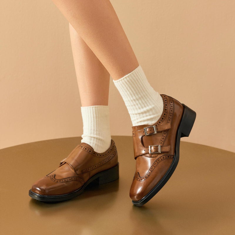 BEAU TODAY Loafers for Women, Monk Strap Brogue Leather Womens Loafer Shoes, Comfortable Square Toe Loafer Flats, Business Casual Vintage Dress Shoes for Women Brown US 8 - Image 2