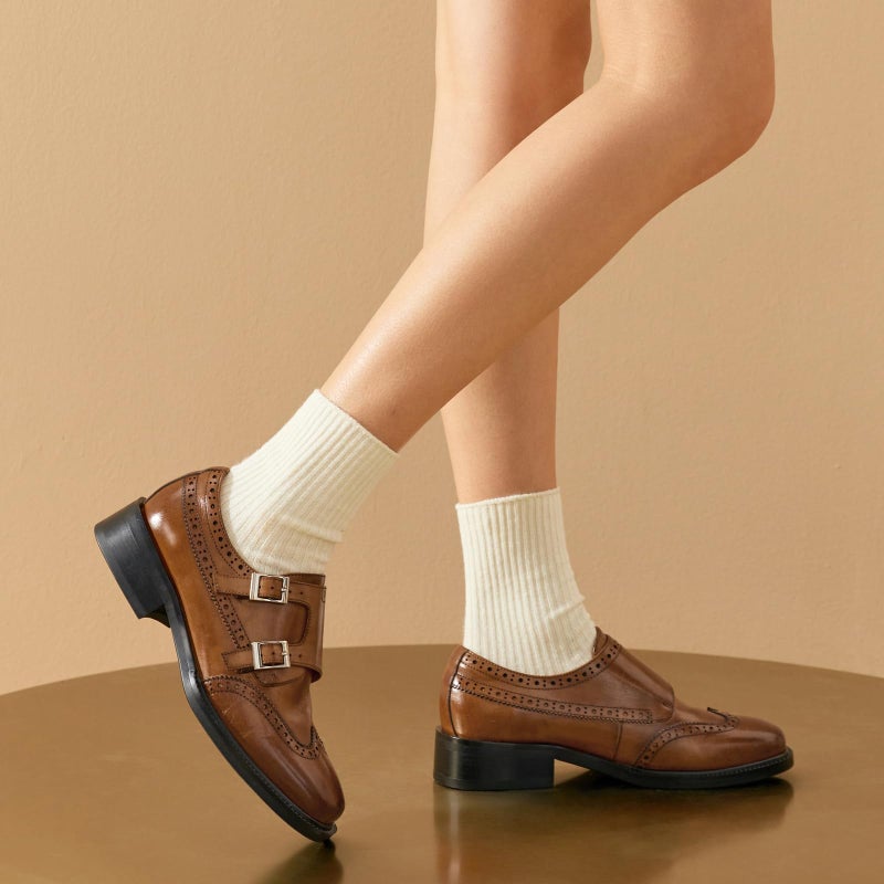 BEAU TODAY Loafers for Women, Monk Strap Brogue Leather Womens Loafer Shoes, Comfortable Square Toe Loafer Flats, Business Casual Vintage Dress Shoes for Women Brown US 8 - Image 4