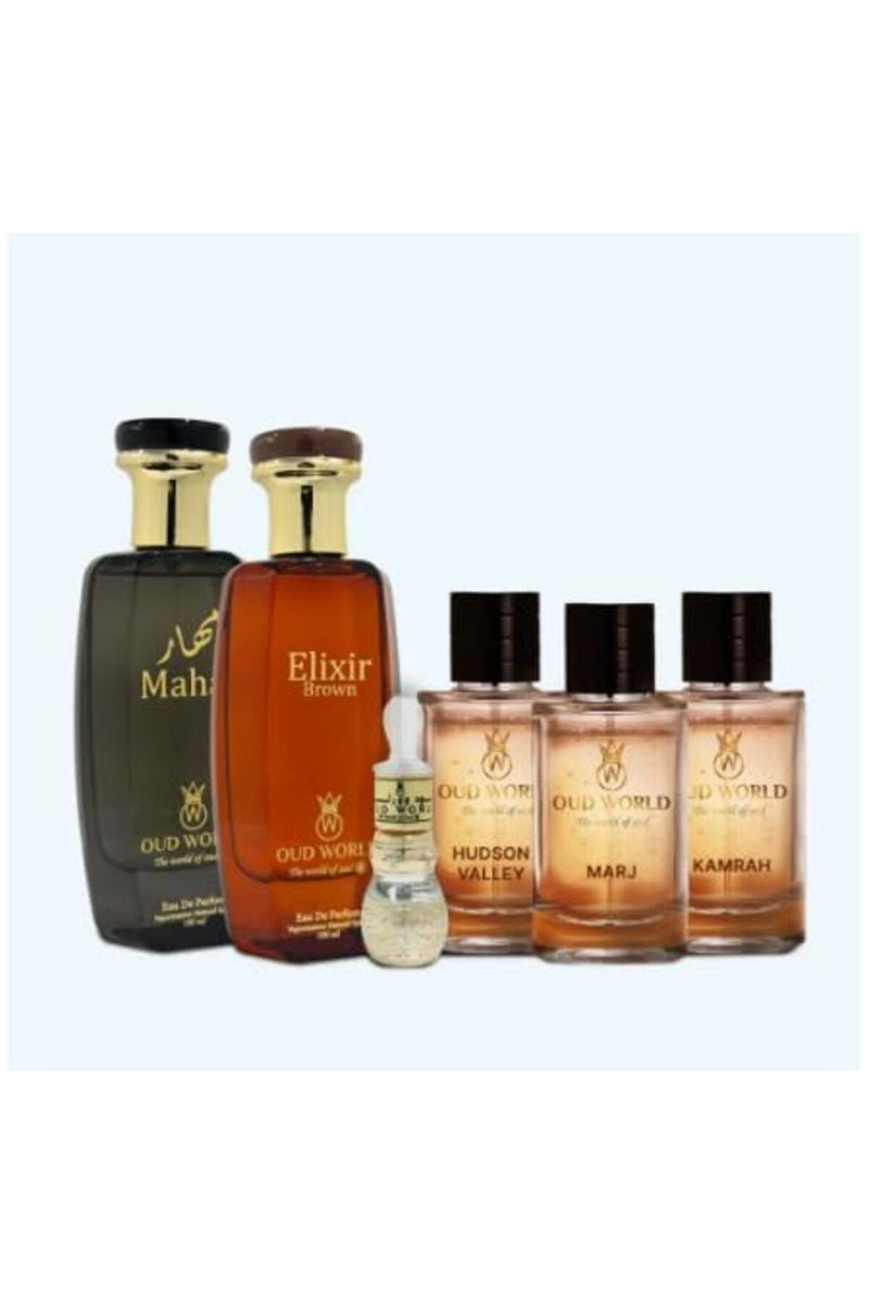 Oud World مجموعة هدايا العطور – حزمة مكونة من 6 قطع (ماهر، إكسير، هادسون، مرج، كمره) - Image 1