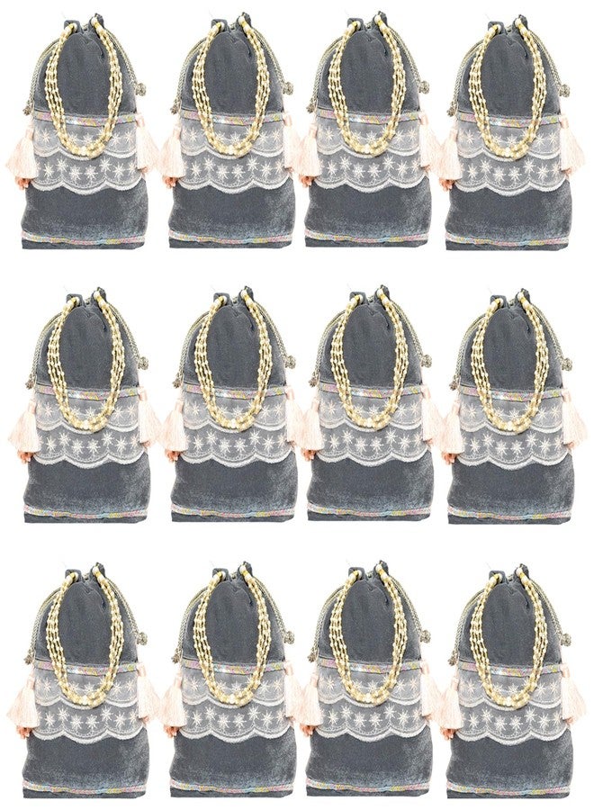 Dulhan Velvet Potli Bag with Pearl Handle | Sequin Tissue Lace Zari Tassels and Resham Dori | Grey Soft Padded Wedding Shagun Pouch for Return Gifts, Wedding, Winter and Festive Use (pack of 12) - Image 1