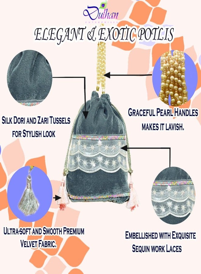Dulhan Velvet Potli Bag with Pearl Handle | Sequin Tissue Lace Zari Tassels and Resham Dori | Grey Soft Padded Wedding Shagun Pouch for Return Gifts, Wedding, Winter and Festive Use (pack of 12) - Image 4