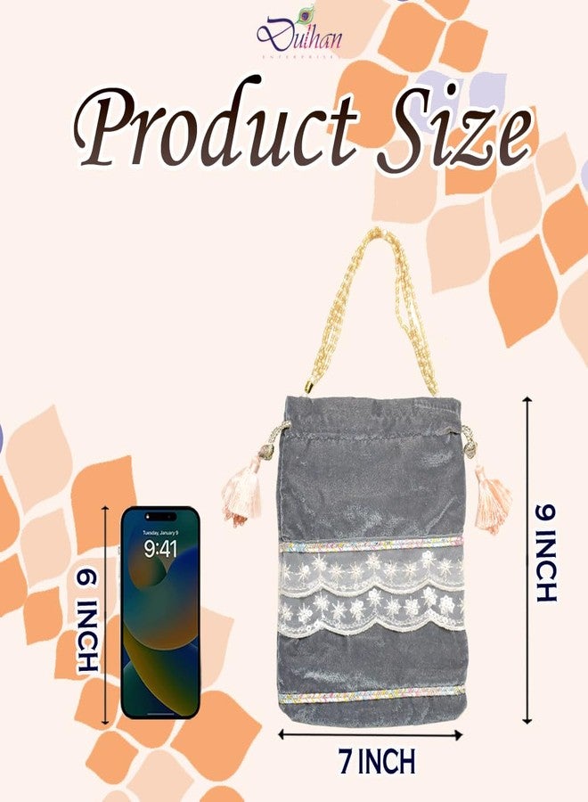 Dulhan Velvet Potli Bag with Pearl Handle | Sequin Tissue Lace Zari Tassels and Resham Dori | Grey Soft Padded Wedding Shagun Pouch for Return Gifts, Wedding, Winter and Festive Use (pack of 12) - Image 3