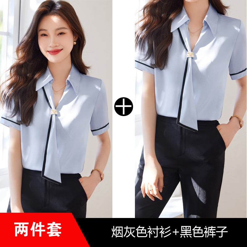Fashion White Short-sleeved Shirt Womens Summer 2024 Summer New All-match Western Style Small Shirt Elegant Womens Top Smoke Grey Shirt Pants