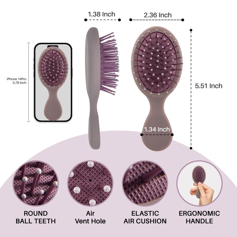 RHOS فرشاة شعر صغيرة RHOS للنساء والرجال والأطفال - فرشاة شعر بحجم السفر للحقيبة، الجيب، حقيبة الظهر - فرشاة وسادة صغيرة مع شعيرات ناعمة - فرشاة فك تشابك صغيرة لجميع أنواع الشعر (1 عبوة - بنفسجي) - Image 2
