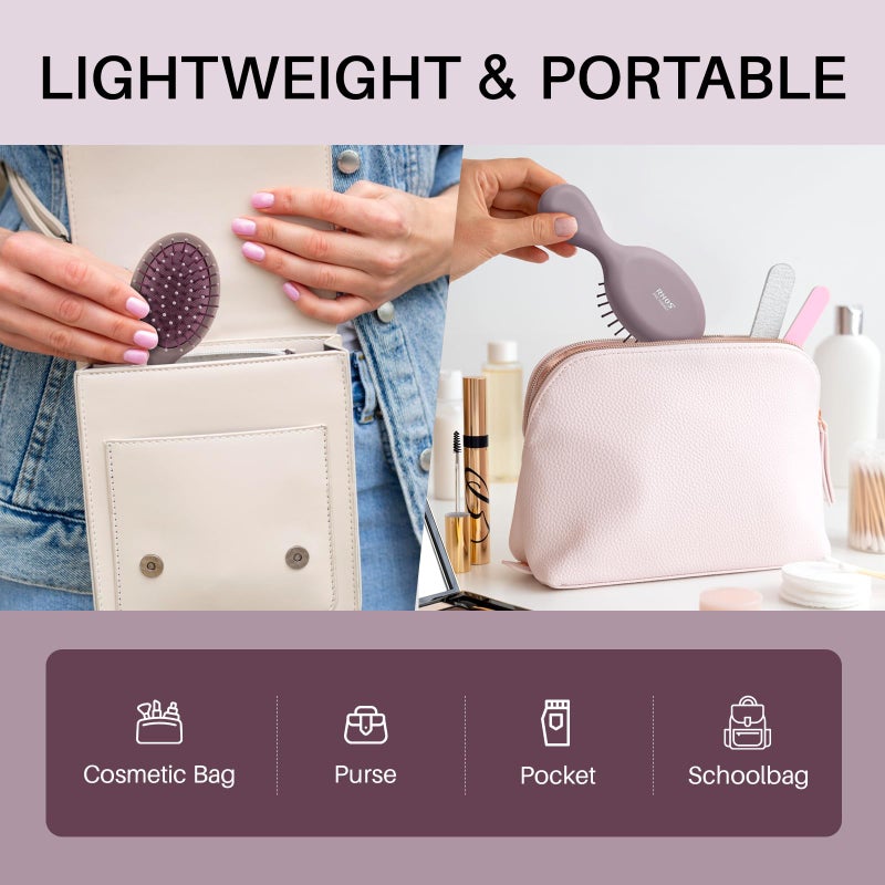 RHOS فرشاة شعر صغيرة RHOS للنساء والرجال والأطفال - فرشاة شعر بحجم السفر للحقيبة، الجيب، حقيبة الظهر - فرشاة وسادة صغيرة مع شعيرات ناعمة - فرشاة فك تشابك صغيرة لجميع أنواع الشعر (1 عبوة - بنفسجي) - Image 3