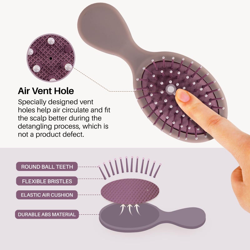 RHOS فرشاة شعر صغيرة RHOS للنساء والرجال والأطفال - فرشاة شعر بحجم السفر للحقيبة، الجيب، حقيبة الظهر - فرشاة وسادة صغيرة مع شعيرات ناعمة - فرشاة فك تشابك صغيرة لجميع أنواع الشعر (1 عبوة - بنفسجي) - Image 4