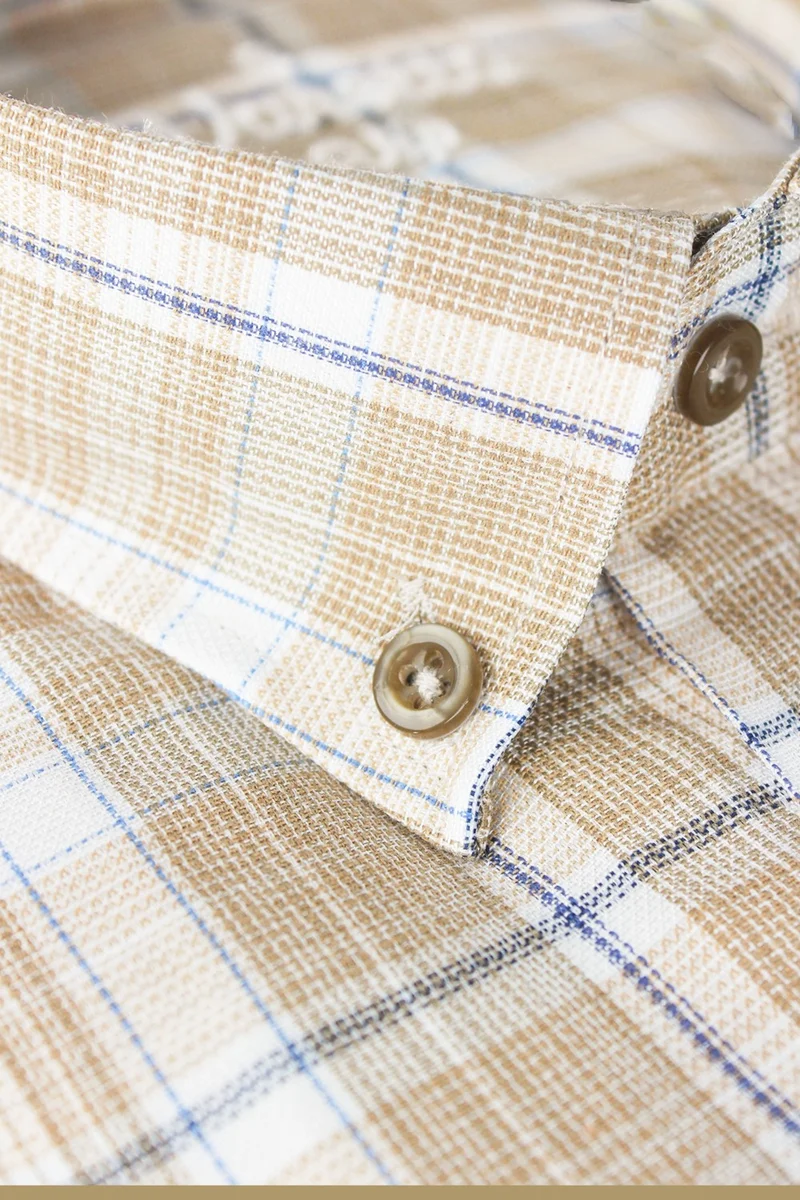 فاريتا Men's Gold Blue Checkered Classic Cut Collar Buttoned Long Sleeve Shirt