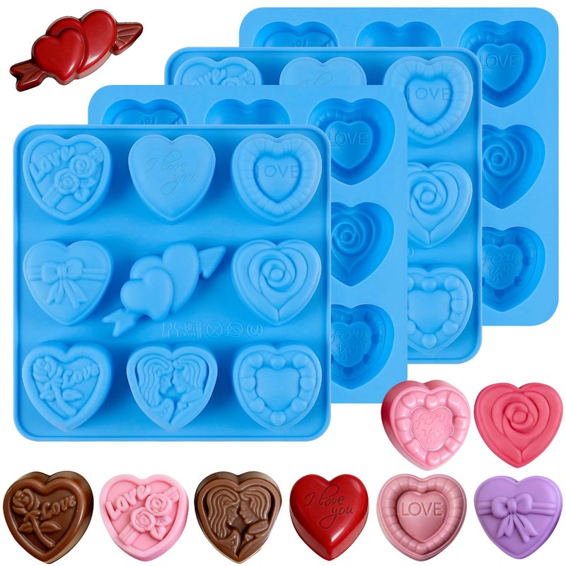 Sidosir 4Pcs Small Heart Truffles Chocolate Molds, Valentine's Day Truffles Chocolate Silicone Non-Stick Molds for Crafting Cakes, Mini 9-Design Love Rose Heart Resin Soap Mold for Home Bakers - Image 1