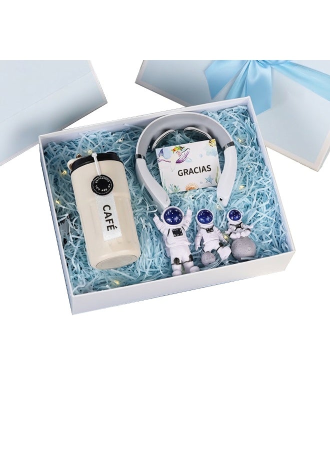 Astronaut Gift Box Set – 3 Astronaut Resin Desktop Figurines + Smart Neck Massager & 316 Stainless Steel Smart Thermos | Unique Office/Birthday/Holiday Gifts for Men